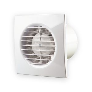 White axial extractor fan with front grille and rear circular duct