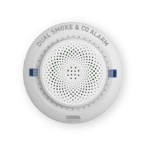 Sleepsafe dual smoke and carbon monoxide alarm front with white circular housing, grille and two blue buttons