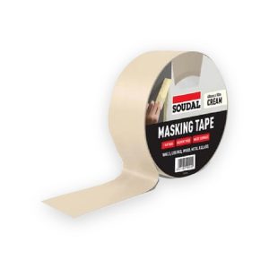 Cream Soudal masking tape roll with printed inner label and loose tape end
