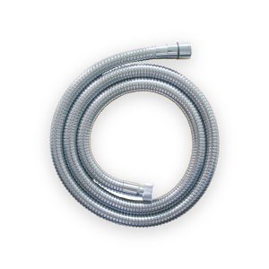 Coiled stainless steel shower hose with corrugated metal outer, two chrome end fittings and white washer