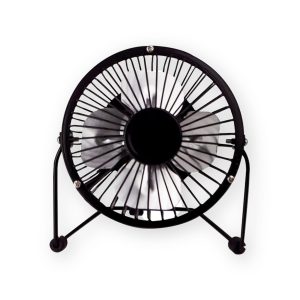 Status black four-inch mini USB desk fan with circular wire grille, reflective metal blades and black stand, front view