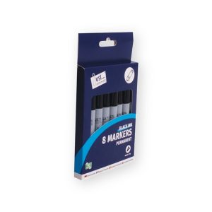 Tallon Just Stationery eight black ink permanent bullet tip markers in an angled retail pack