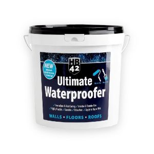 HB42 Ultimate Waterproofer white bucket with black lid, side handle and printed product label