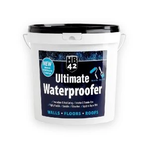 HB42 Ultimate Waterproofer white bucket with black lid, side handle and printed product label