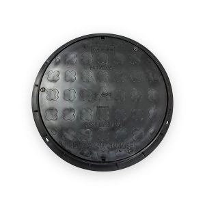 Round black plastic inspection chamber cover and frame with patterned surface and embossed 35kN loading mark