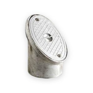 Aluminium oval rodding point with patterned cover, two slotted screws, central lifting feature and cylindrical metal body