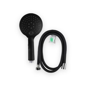 Urban Living black handheld shower head with coiled black hose, metal connectors and original bagged accessory