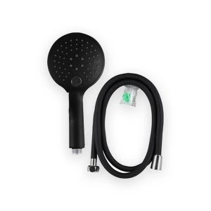 Urban Living black handheld shower head with coiled black hose, metal connectors and original bagged accessory