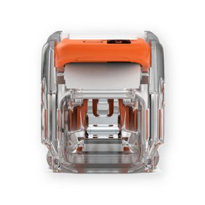 Wago inline lever connector end view showing transparent casing, orange lever and internal metal contact