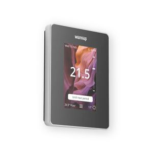 Warmup 6iE black smart WiFi thermostat angled front view showing colour touchscreen display