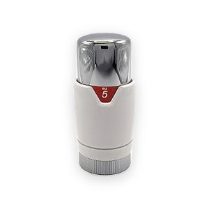 White thermostatic radiator valve head with reflective chrome top, red setting 5 indicator and ribbed lower collar