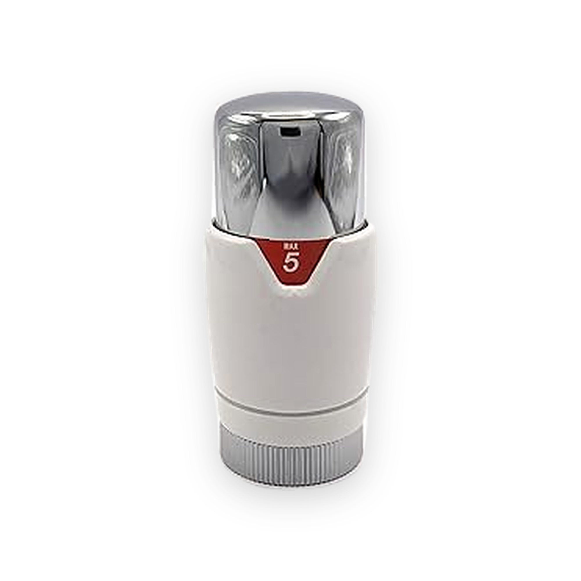 white-chrome-thermostatic-radiator-valve-head-gallery-01 White thermostatic radiator valve head with reflective chrome top, red setting 5 indicator and ribbed lower collar