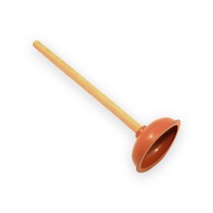 Plunger with long wooden handle and reddish brown rubber suction cup showing the inner bowl