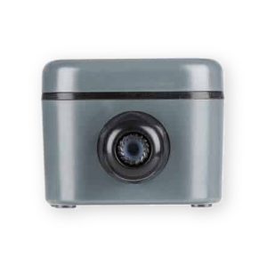 Grey WPE01 connector box end view showing central black cable gland and lid seam