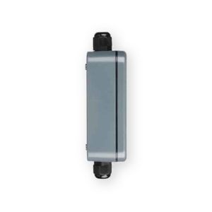 Grey WPE01 connector box side view showing black cable glands at both ends