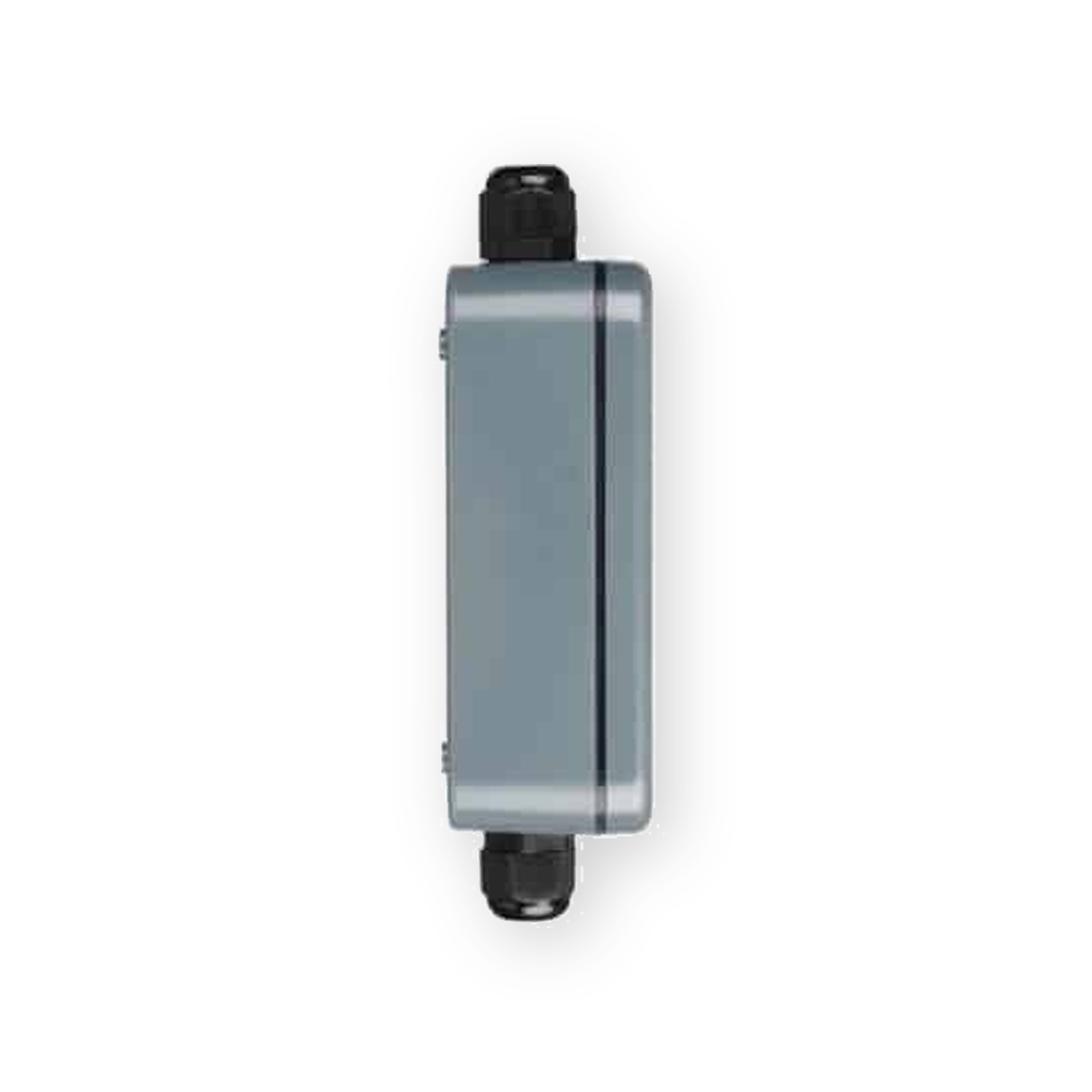 wpe01-connector-box-side-view Grey WPE01 connector box side view showing black cable glands at both ends