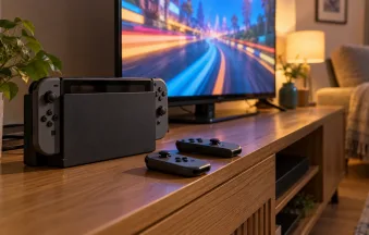 Illustration of a Nintendo Switch style gaming setup in a living room