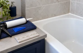 Illustration of bathroom seal maintenance tools beside a bath