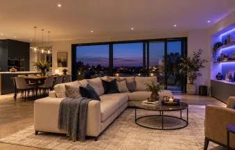 Illustration of white downlights and coloured accent lighting in a modern living room