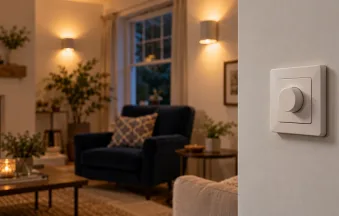 Illustration of a closed rotary dimmer beside warm room lighting
