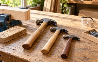 Illustration of claw hammers and eye protection on a workshop bench
