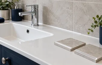 Illustration comparing clear and white sealant samples beside a kitchen sink